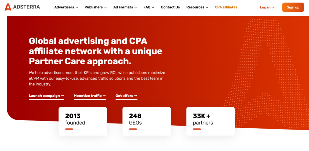 Adsterra ppc affiliate program homepage screenshot
