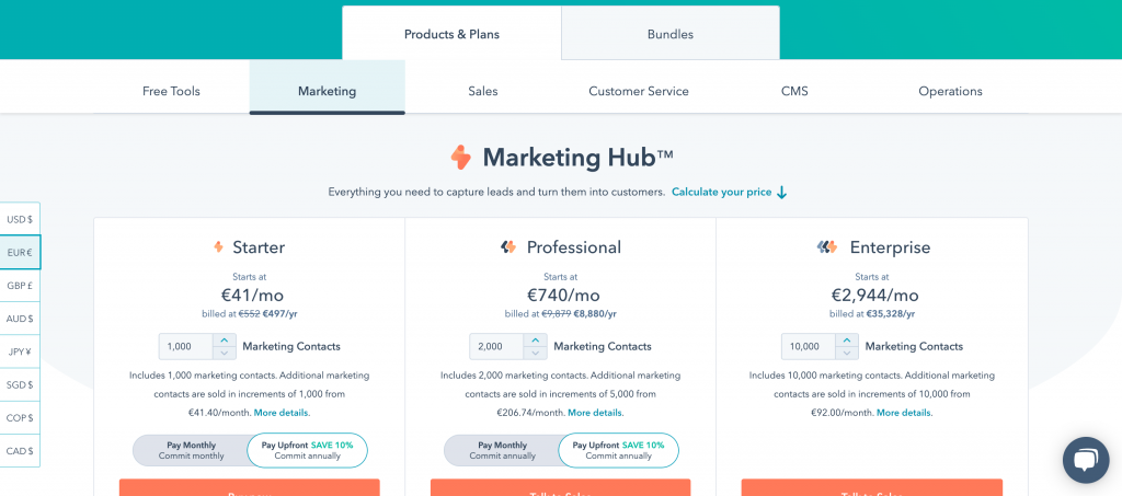 HubSpot Marketing Hub pricing screenshot