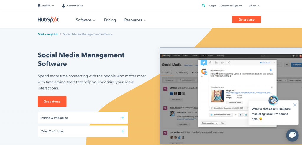 HubSpot Social Media Management software homepage screenshot