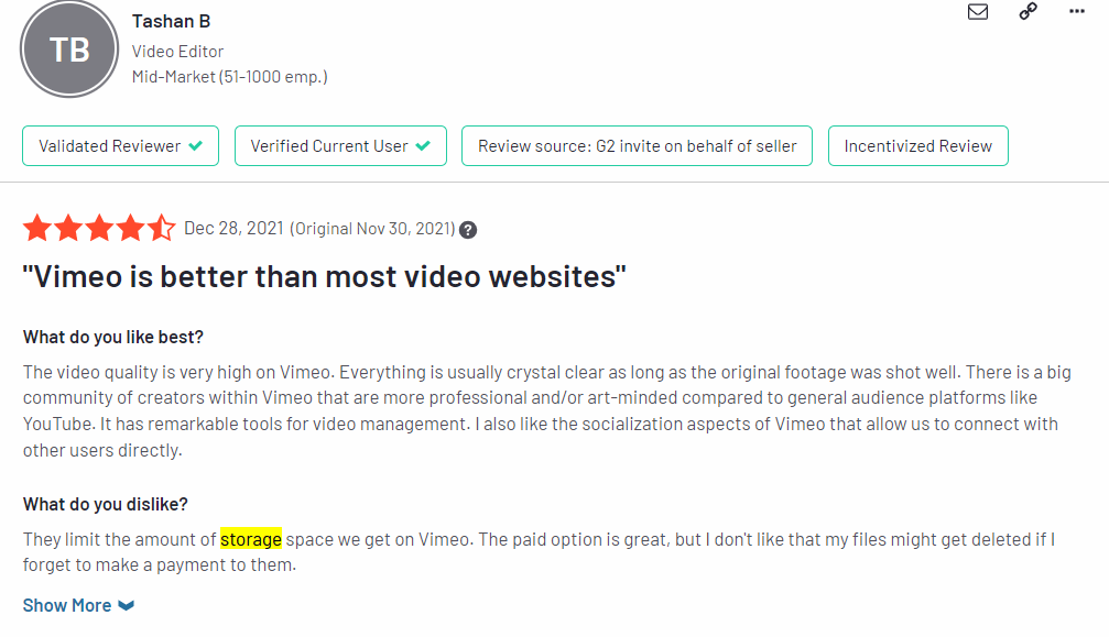 Vimeo limited storage disadvantage user review on G2