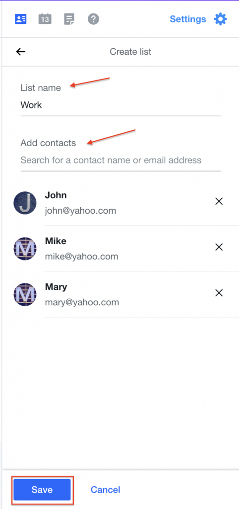 Naming the distribution list in Yahoo Mail