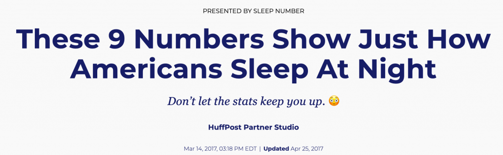 Example of article post sponsored content from Sleep Number and HuffPost.
