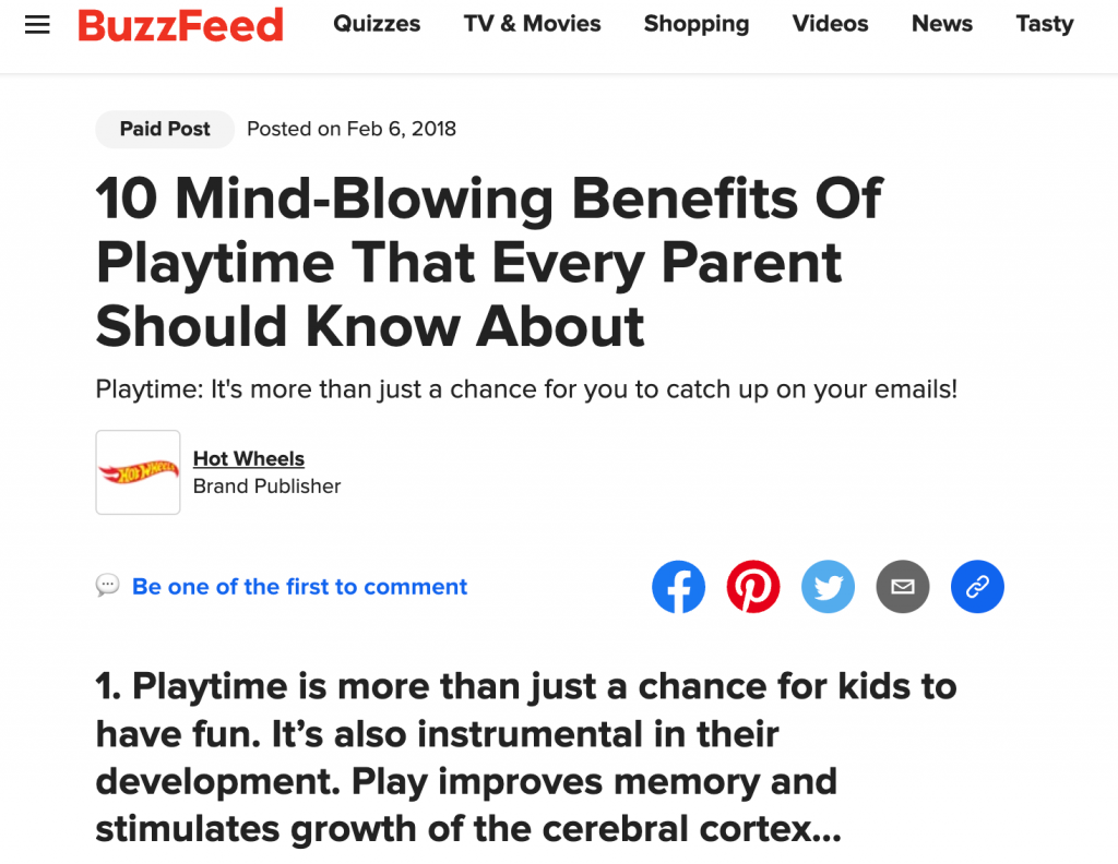 Example of sponsored article from Hot Wheels and BuzzFeed.