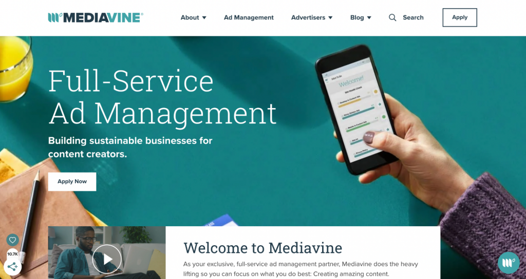 Mediavine ppc affiliate program homepage screenshot
