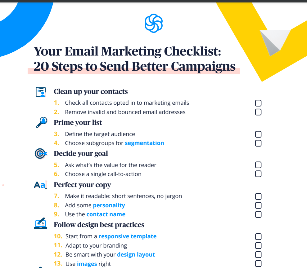 Sendinblue email marketing checklist example