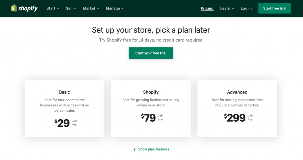 Shopify pricing page screenshot