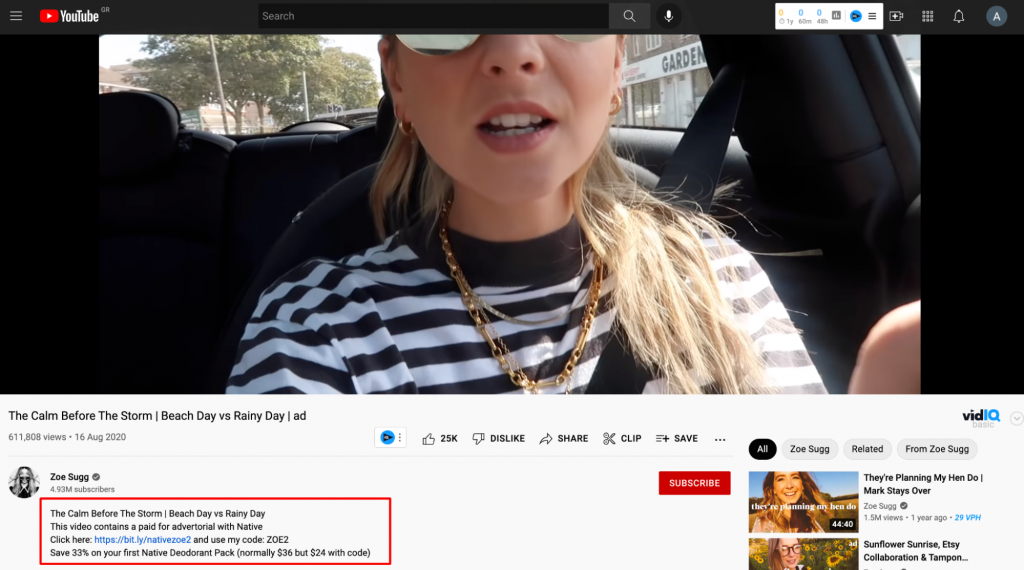 Native YouTube influencer marketing example