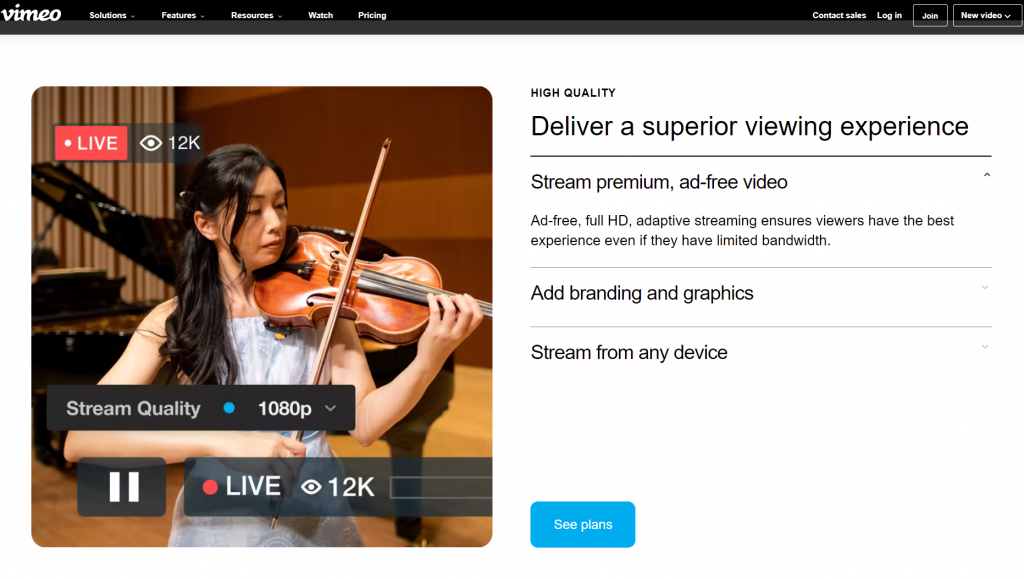 Vimeo live streaming feature screenshot