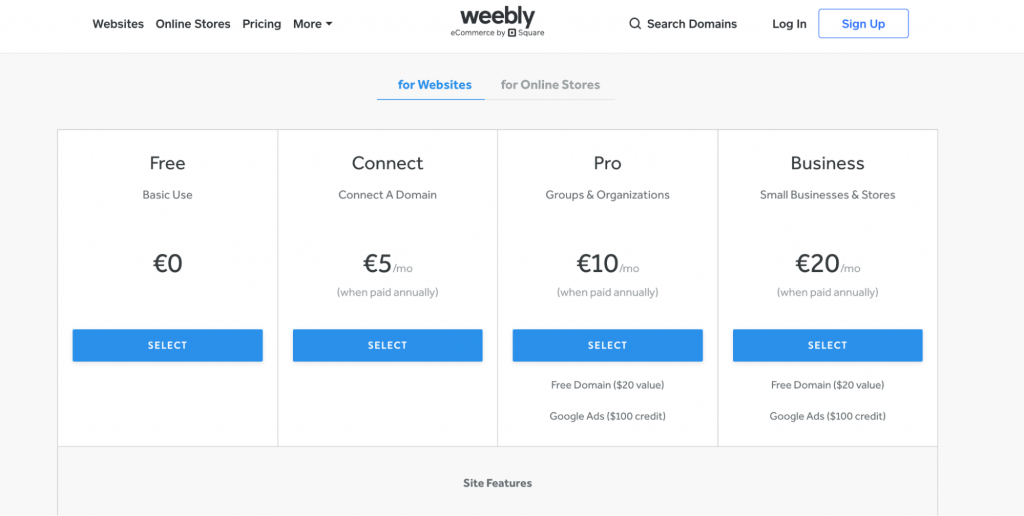 Weebly pricing page screenshot