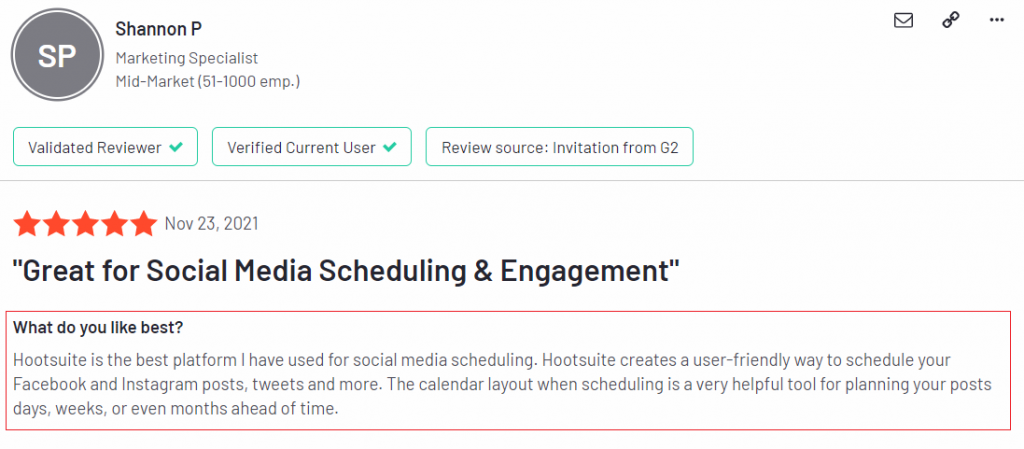 Hootsuite G2 positive review scheduling