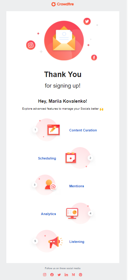 Crowdfire welcome email example