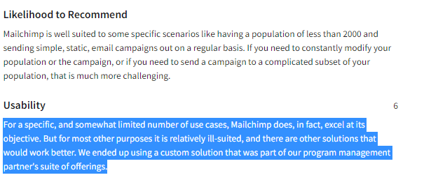 Mailchimp usability disadvantage TrustRadius review