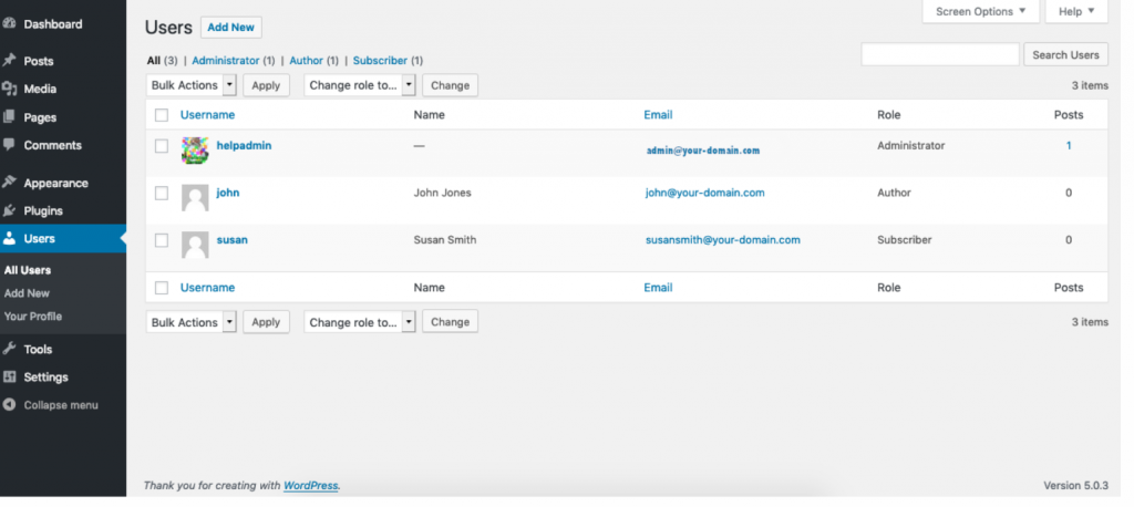 WordPress user management and permissions feature screenshot