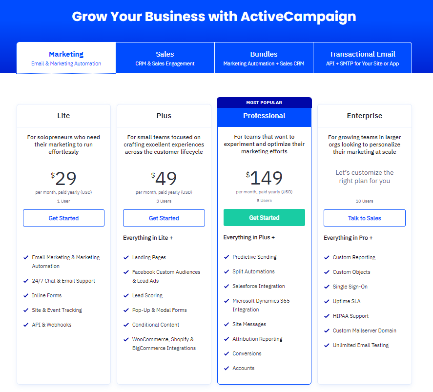Activecampaign updated pricing screenshot