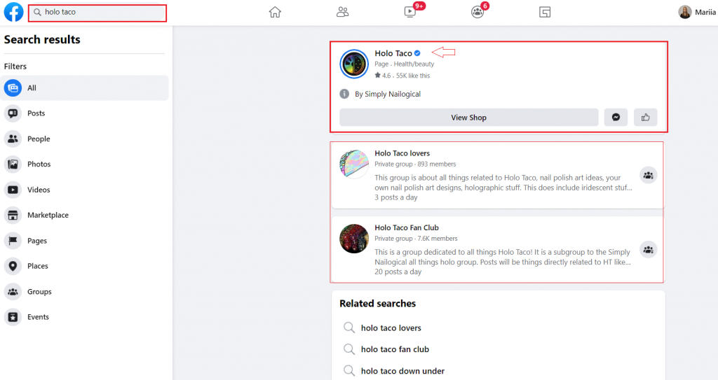 Holo Taco verified Facebook account example