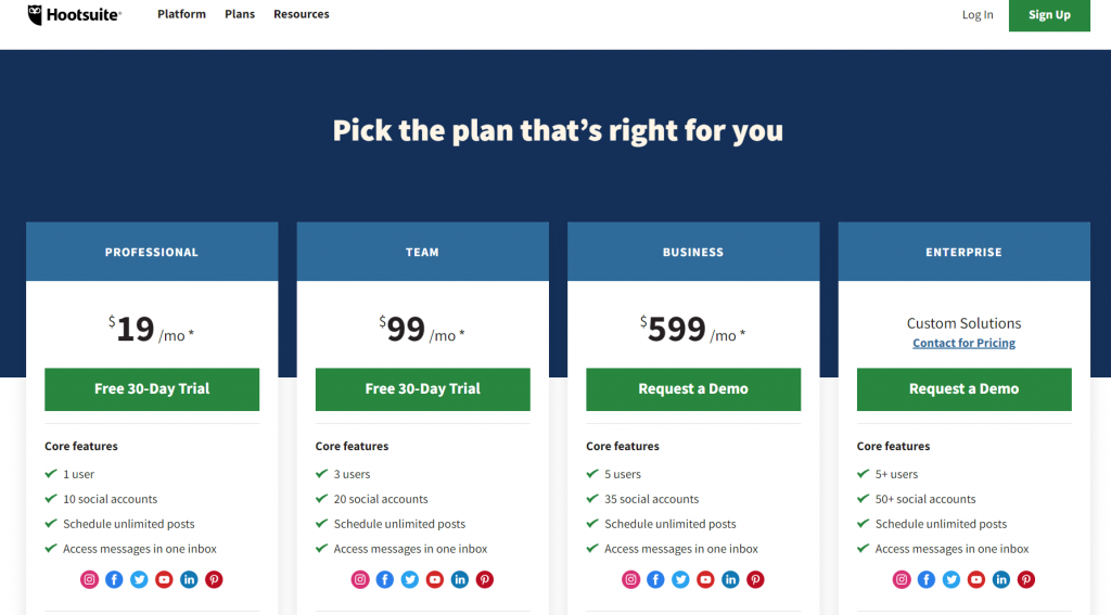 Hootsuite pricing screenshot