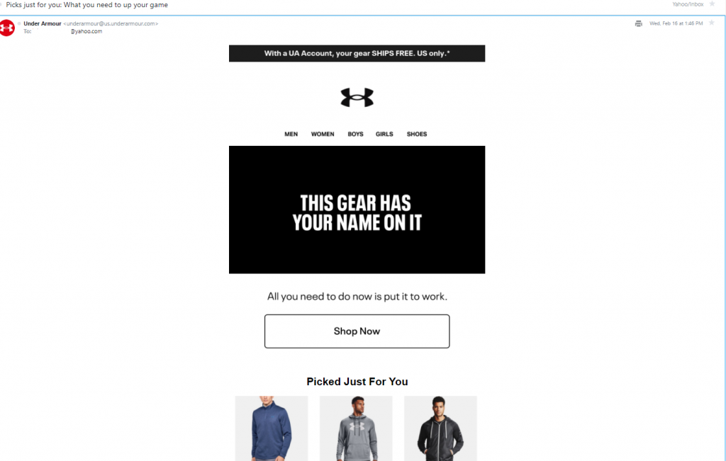 Under Armour personalized e-commerce newsletter example