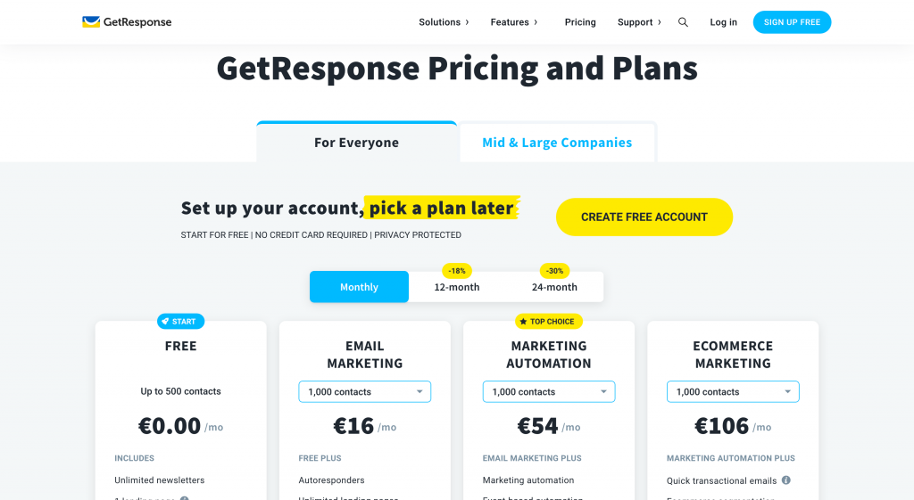 GetResponse pricing screenshot