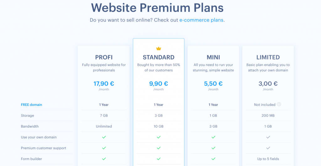 Webnode pricing page screenshot