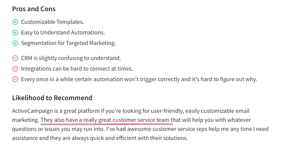 ActiveCampaign customer service advantage TrustRadius review