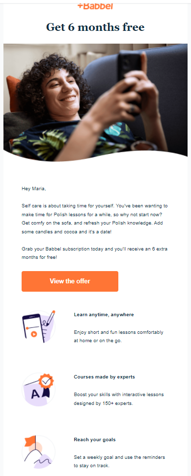Babbel email examples with a CTA button