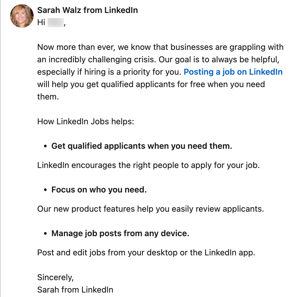 Example of a LinkedIn outreach message
