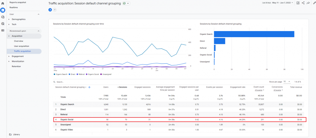 Google Analytics organic social traffic source example