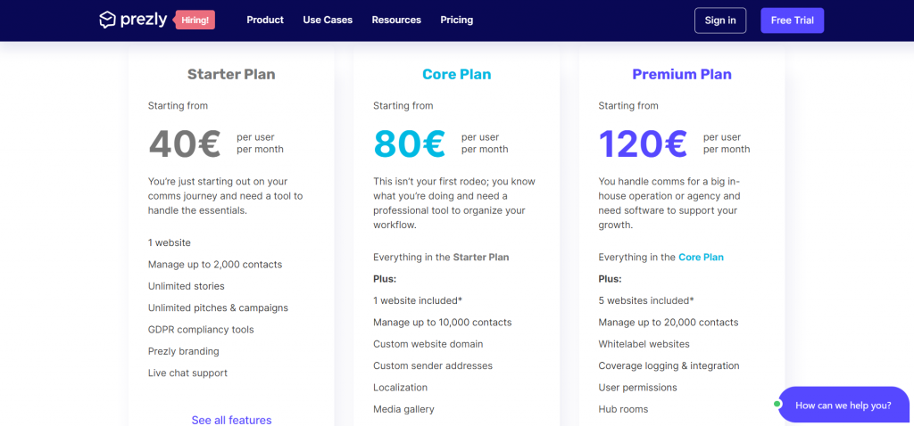 Prezly pricing screenshot