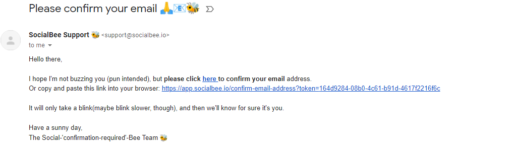 SocialBee double opt-in email confirmation message example