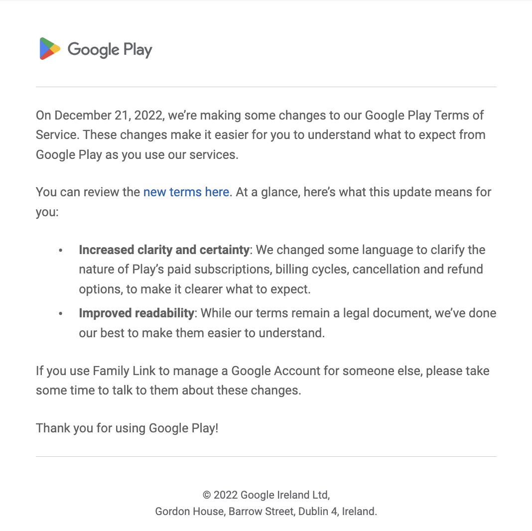 Update announcement email from Google Play