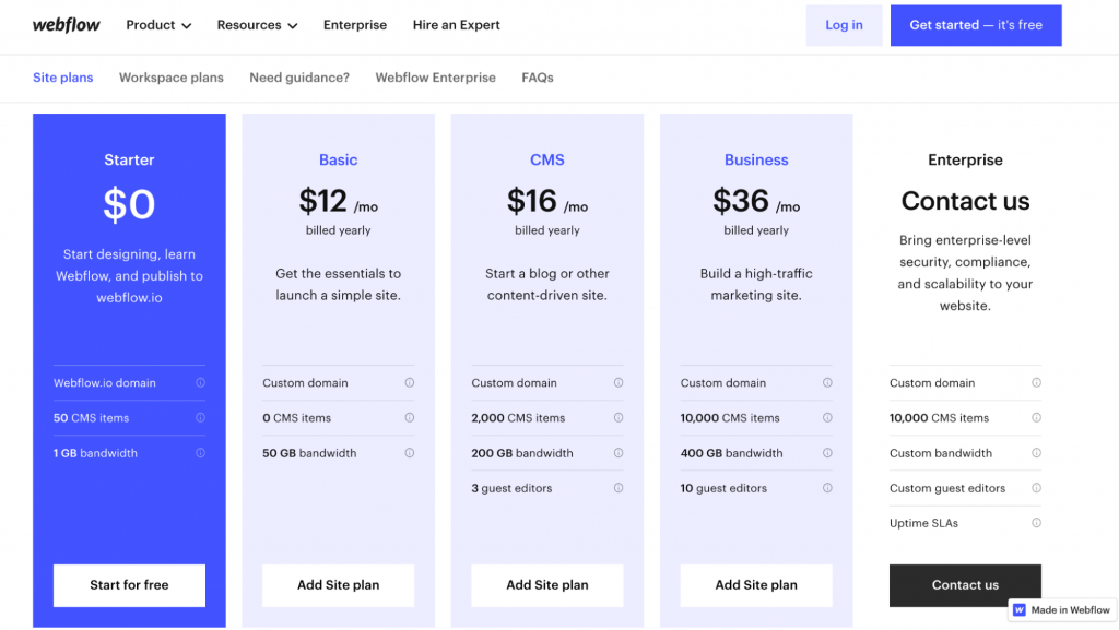 Webflow pricing screenshot
