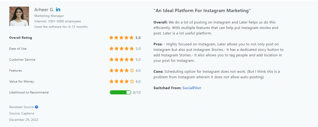 Later Instagram feature positive customer review Capterra
