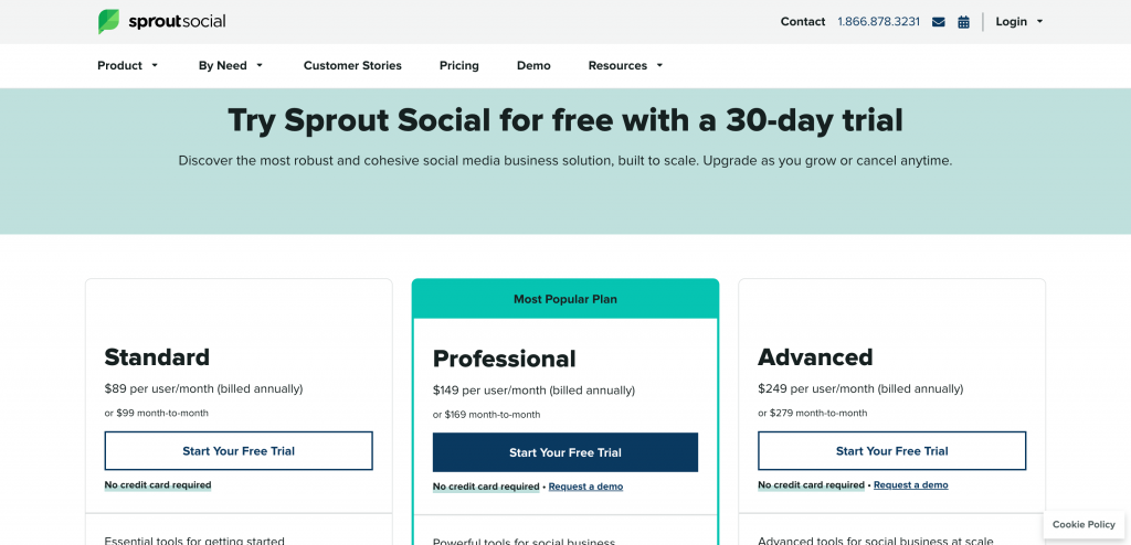 Sprout Social pricing screenshot