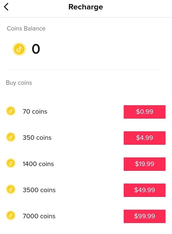 TikTok Coin bundles screenshot