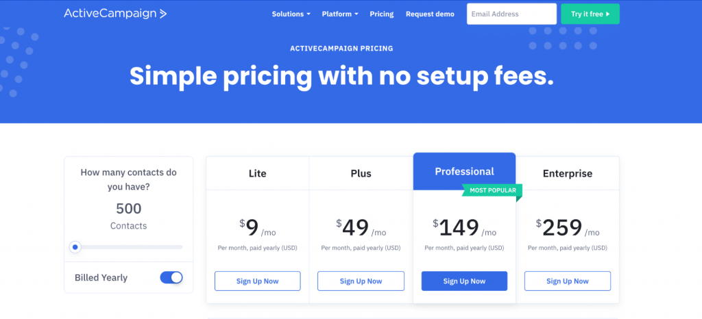 ActiveCampaign pricing screenshot