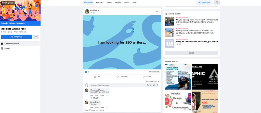 Facebook group for freelance content writers