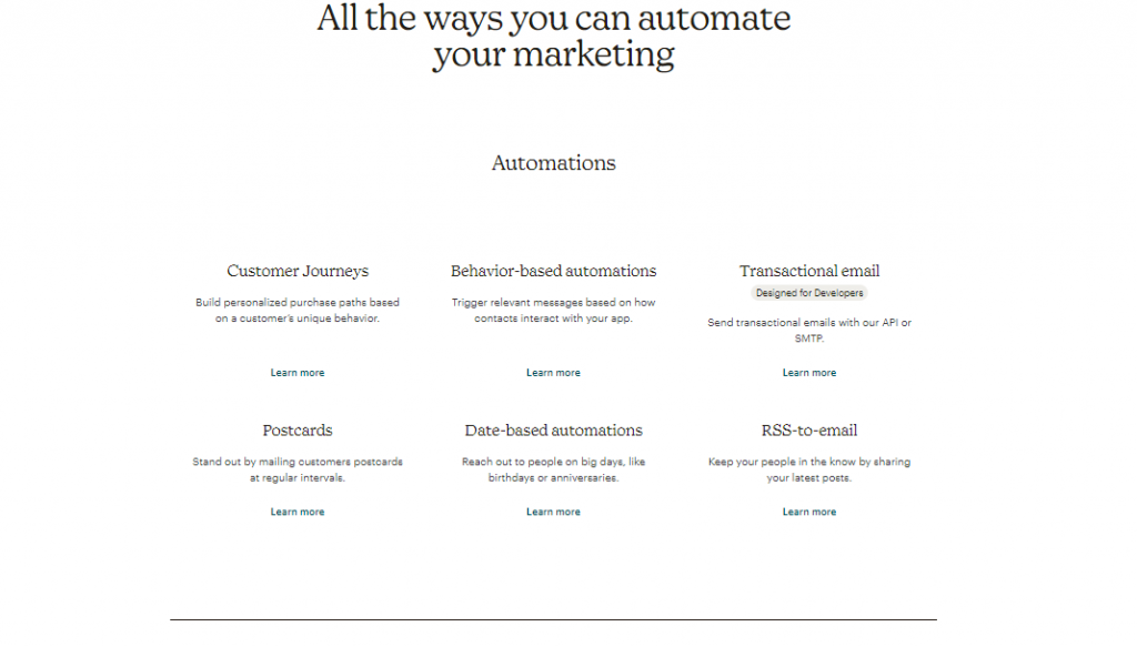 Mailchimp automation features screenshot