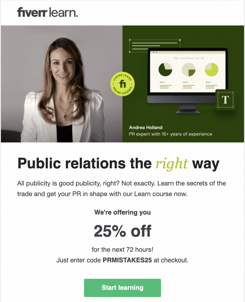 Sales email newsletter example from Fiverr