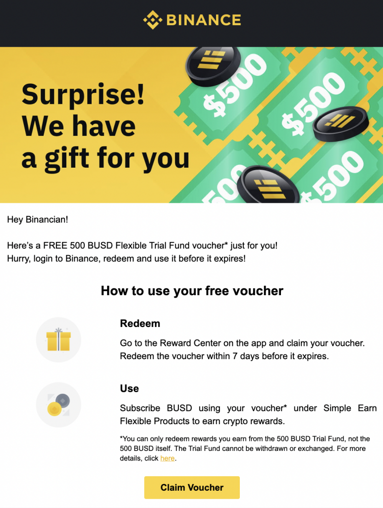 Example of email copywriting from Binance