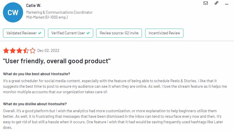 Hootsuite scheduler feature positive customer review G2