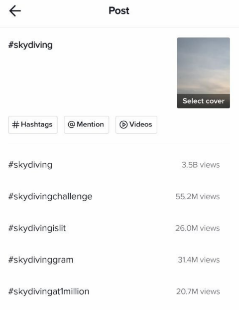 TikTok list of popular hashtags for #skydiving