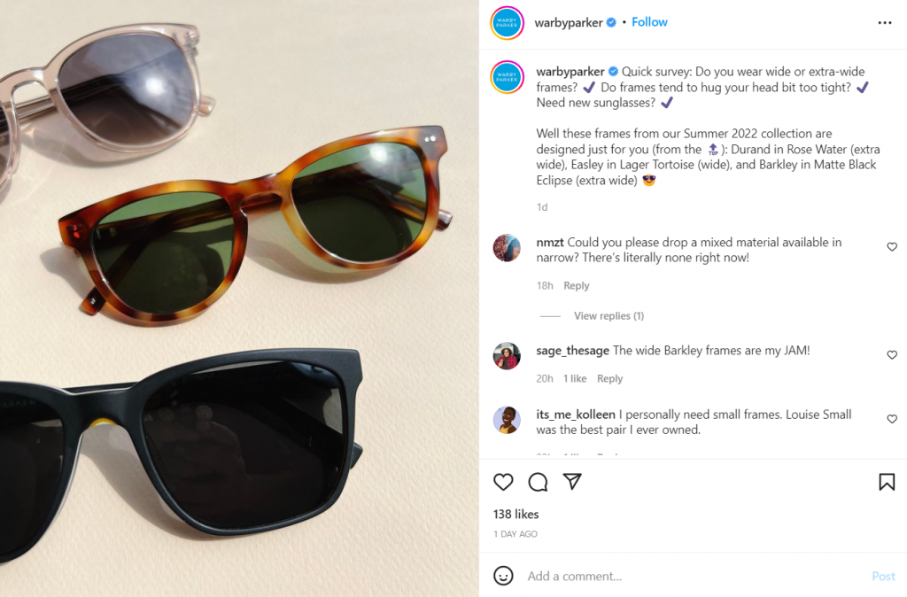 Warby Parker instagram post example