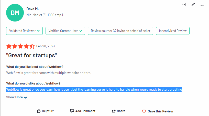 Webflow learning curve negative review G2
