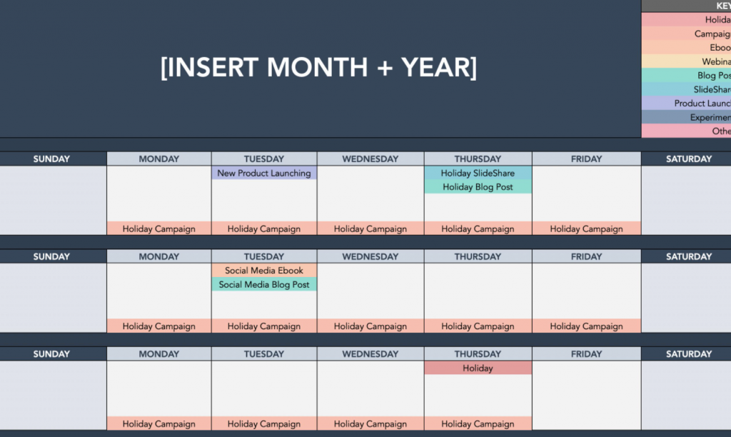 Content calendar example from Influencermarketinghub