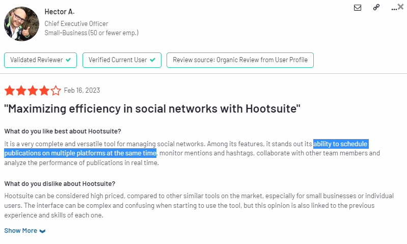 Hootsuite account management positive customer review G2