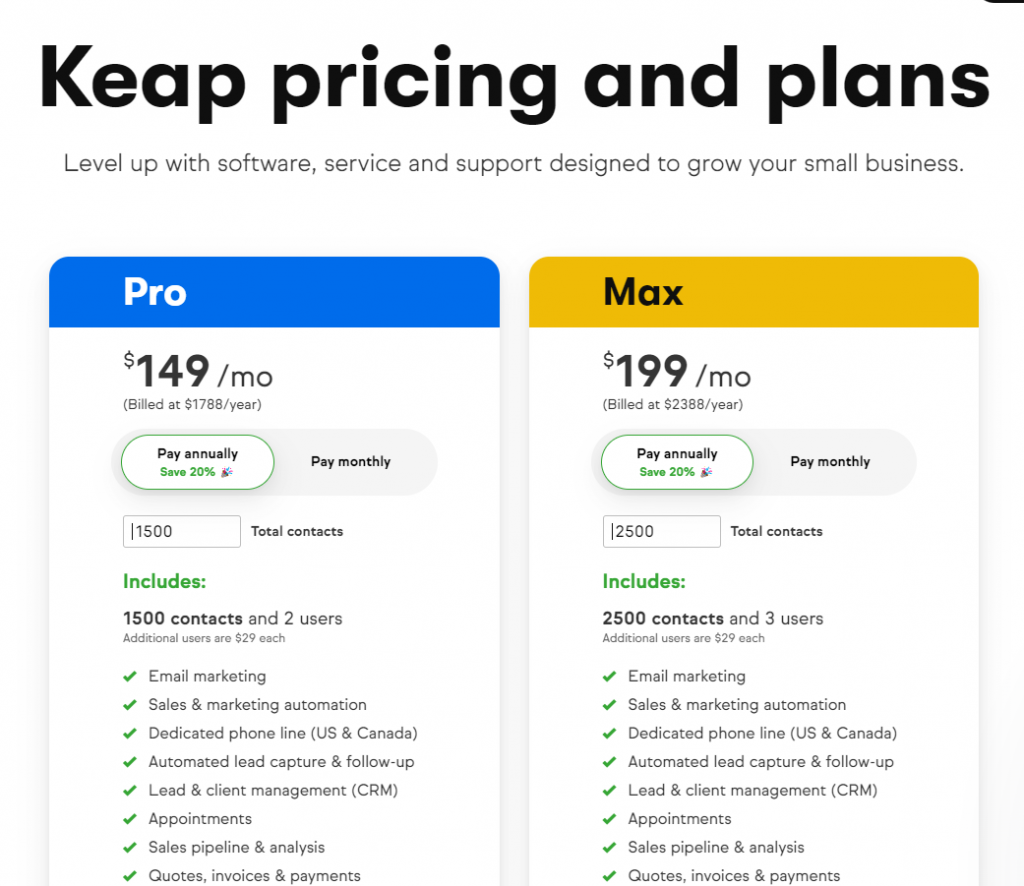 Keap updated pricing screenshot