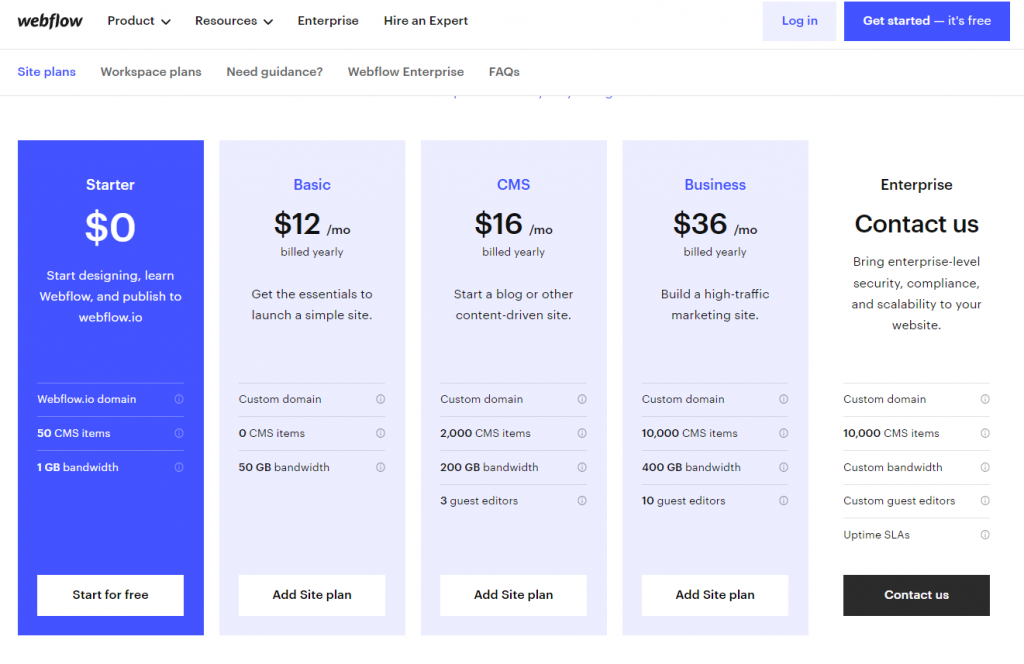 Webflow pricing page screenshot