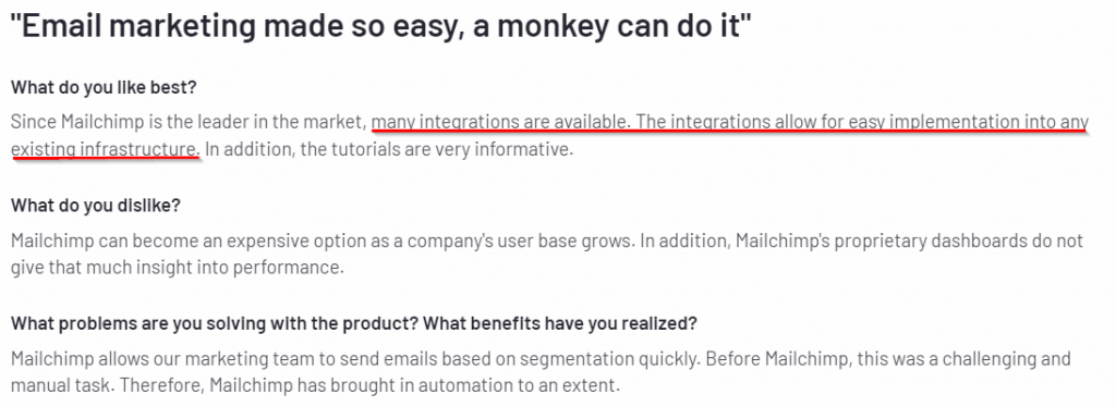 Mailchimp wide variety of integrations advantage G2 review