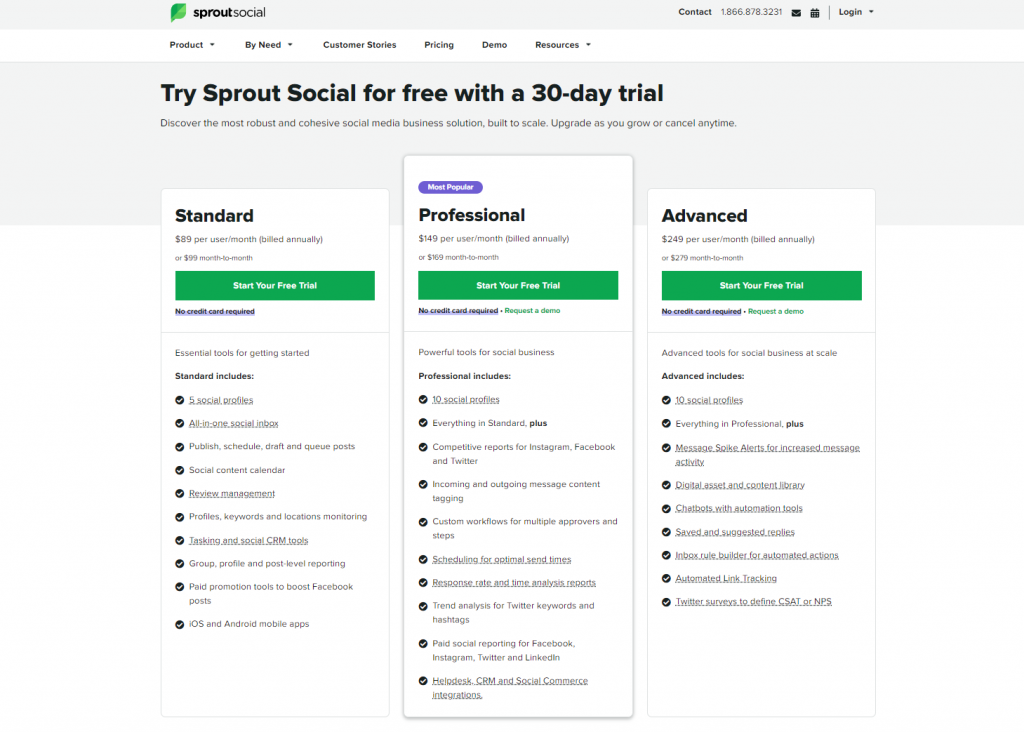 SproutSocial pricing screenshot