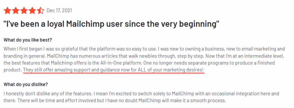 Mailchimp customer service advantage G2 review